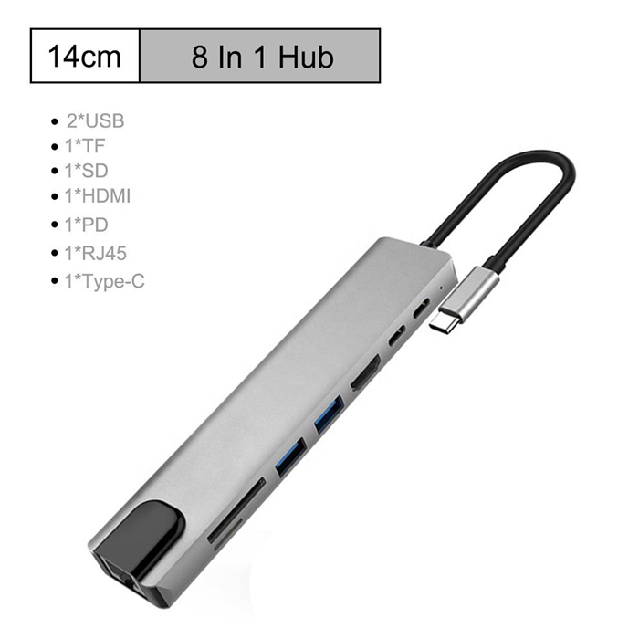 HUB O.E.M. - Tipo-C 8 en 1, 2x USB 3.0, 1x TF, 1x SD, 1x HDMI, 1x PD, 1x RJ45, 1x Tipo C, FY-D-4009
