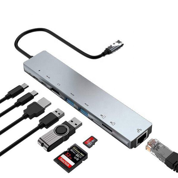 HUB O.E.M. - Tipo-C 8 en 1, 2x USB 3.0, 1x TF, 1x SD, 1x HDMI, 1x PD, 1x RJ45, 1x Tipo C, FY-D-4009