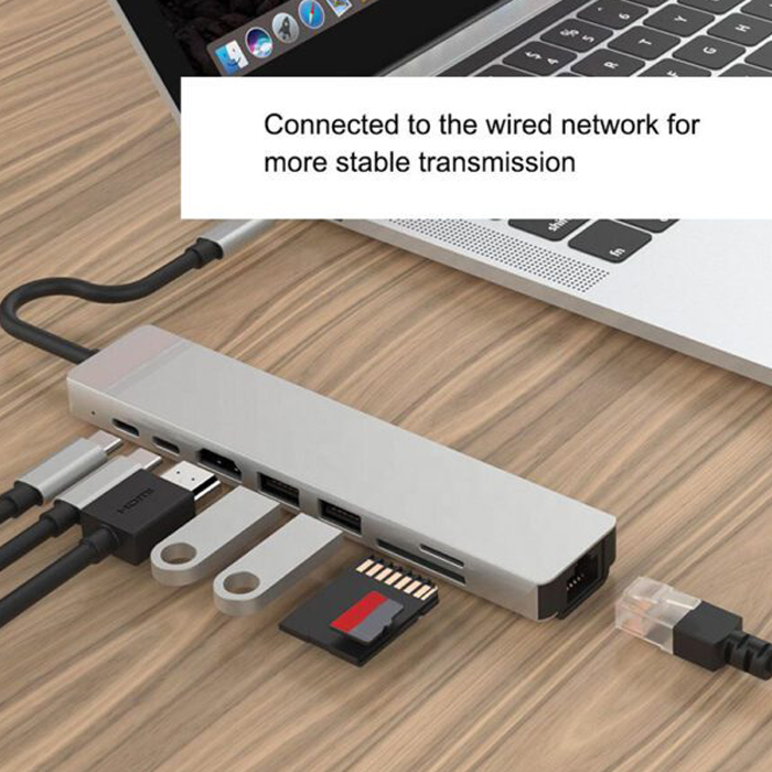 HUB O.E.M. - Tipo-C 8 en 1, 2x USB 3.0, 1x TF, 1x SD, 1x HDMI, 1x PD, 1x RJ45, 1x Tipo C, FY-D-4009