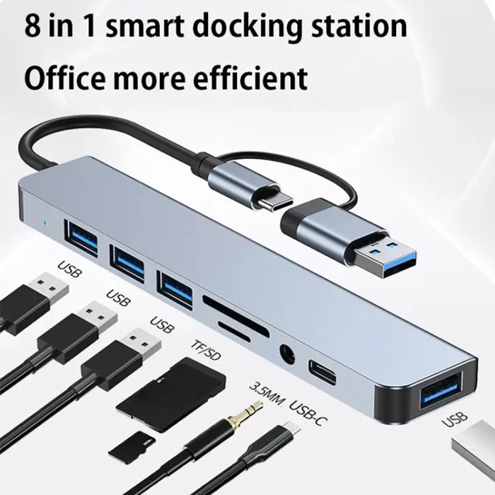 HUB O.E.M. - Tipo-C/USB 3.0 8 en 1, 1x USB 3.0, 3x 2.0, 1x TF, 1x SD, 1x RJ45, 1x 3.5mm audio, 1x Tipo C, FY-D-4010
