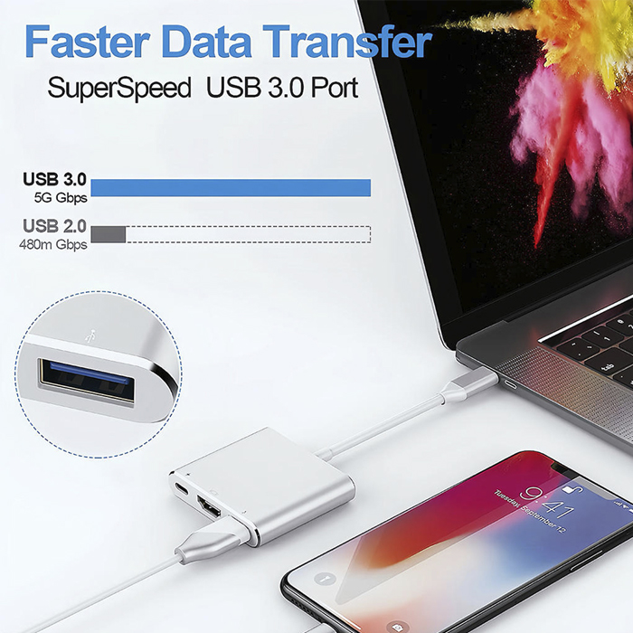 Hub 3 en 1 - USB 3.0 Tipo C macho a USB 3.0 + HDMI. FY-D-7040