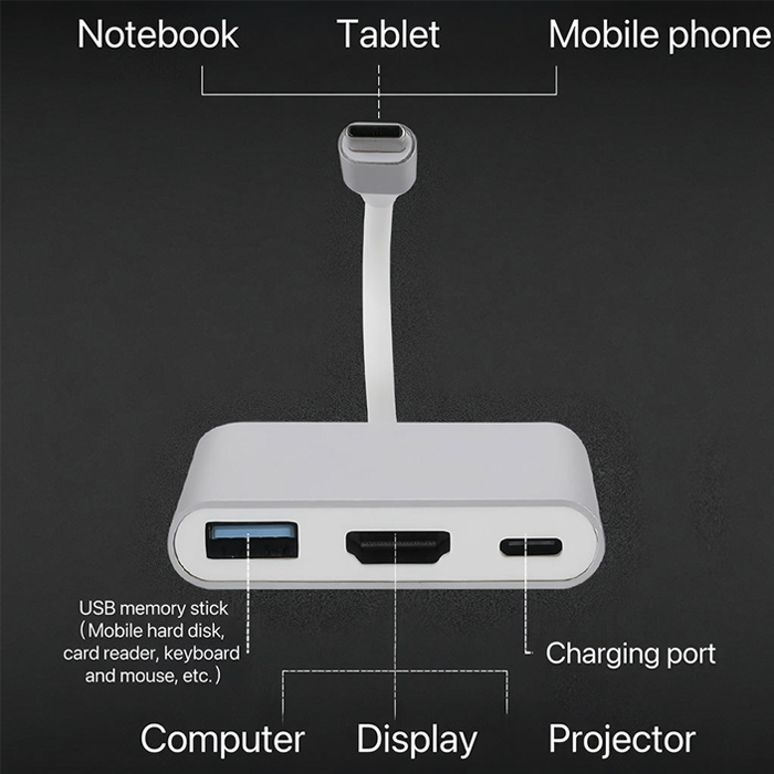 Hub 3 en 1 - USB 3.0 Tipo C macho a USB 3.0 + HDMI. FY-D-7040