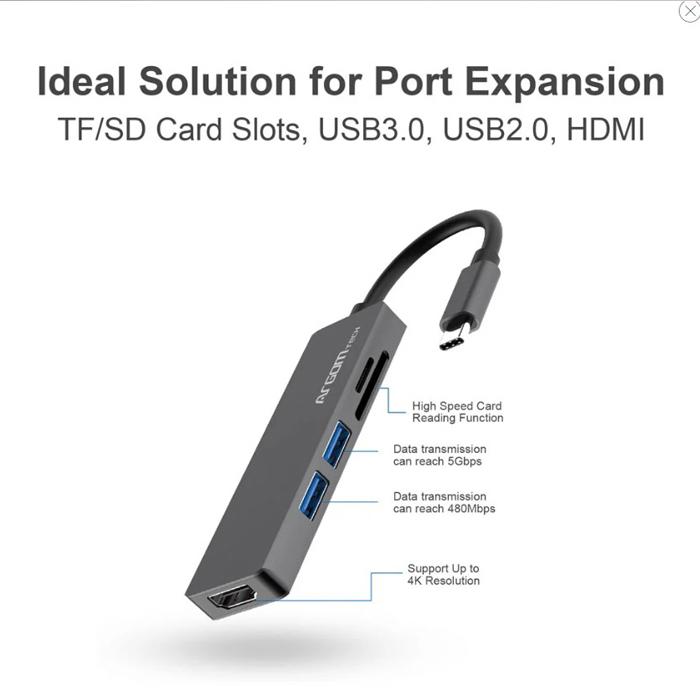 Hub Argom ARG-UB-0183, USB Tipo C macho para computadora o movil, 5 en 1, 2 X USB 3.0 hembra, 1 X HDMI, 1 X MicroSD, 1 X SD, color gris.