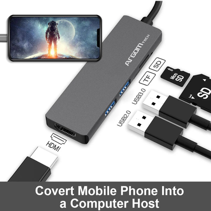 Hub Argom ARG-UB-0183, USB Tipo C macho para computadora o movil, 5 en 1, 2 X USB 3.0 hembra, 1 X HDMI, 1 X MicroSD, 1 X SD, color gris.