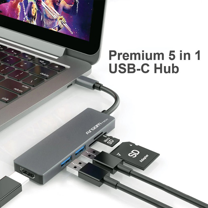 Hub Argom ARG-UB-0183, USB Tipo C macho para computadora o movil, 5 en 1, 2 X USB 3.0 hembra, 1 X HDMI, 1 X MicroSD, 1 X SD, color gris.