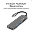 Hub Argom ARG-UB-0183, USB Tipo C macho para computadora o movil, 5 en 1, 2 X USB 3.0 hembra, 1 X HDMI, 1 X MicroSD, 1 X SD, color gris.