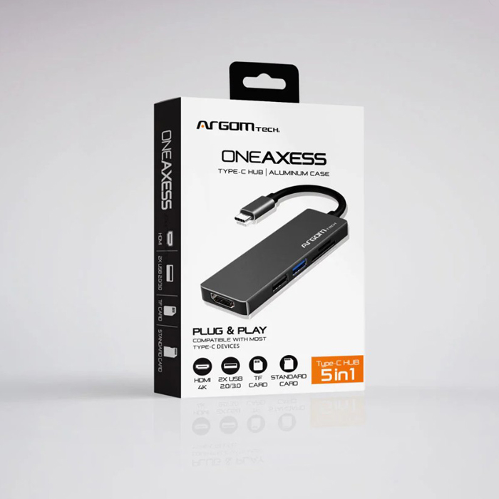 Hub Argom ARG-UB-0183, USB Tipo C macho para computadora o movil, 5 en 1, 2 X USB 3.0 hembra, 1 X HDMI, 1 X MicroSD, 1 X SD, color gris.