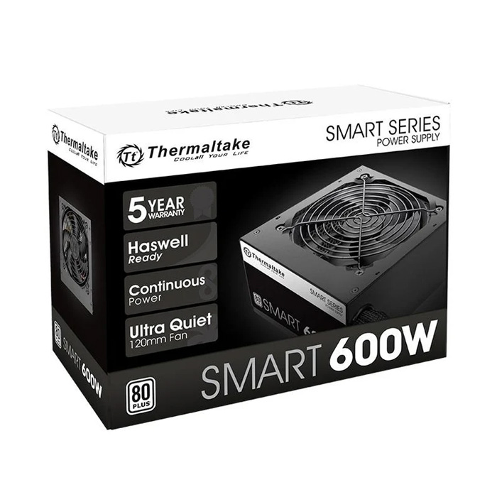 Fuente de Poder Thermaltake SMART 600W 80 Plus - Potencia de 600W, 20/24 pines ATX, conectores 6+2-Pin PCI-Express & 6x SATA, abanico 120mm, color negro/blanco. PS-SPD-0600NPCWUS-W