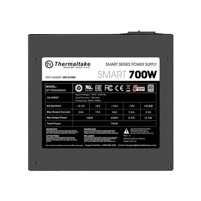 Fuente de Poder Thermaltake SMART 700W 80 Plus - Potencia de 700W, 20/24 pines ATX, Conectores 6+2-Pin PCI-Express & 6x SATA, abanico 120mm, color negro/blanco. PS-SPD-0700NPCWUS-W