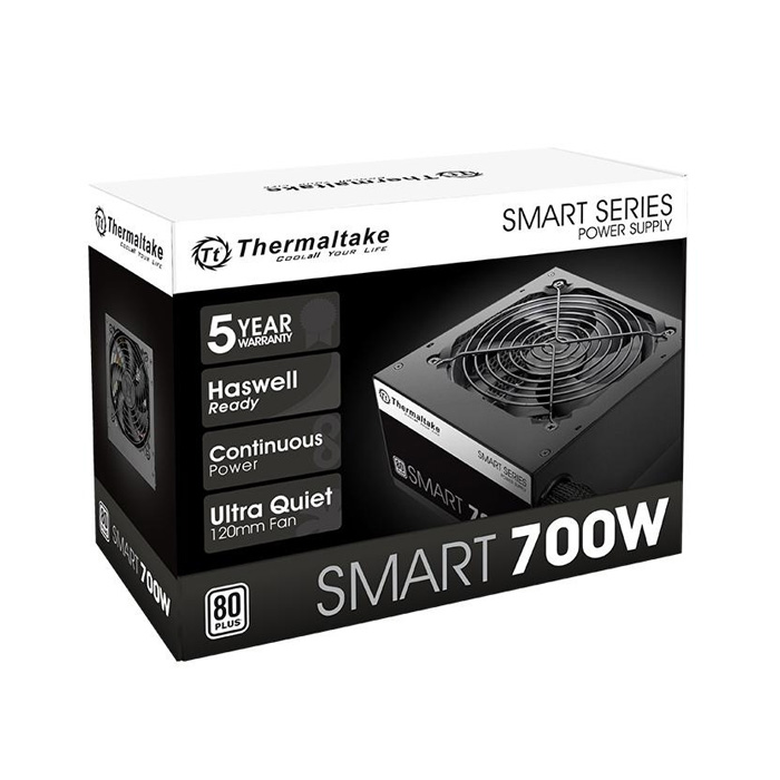 Fuente de Poder Thermaltake SMART 700W 80 Plus - Potencia de 700W, 20/24 pines ATX, Conectores 6+2-Pin PCI-Express & 6x SATA, abanico 120mm, color negro/blanco. PS-SPD-0700NPCWUS-W