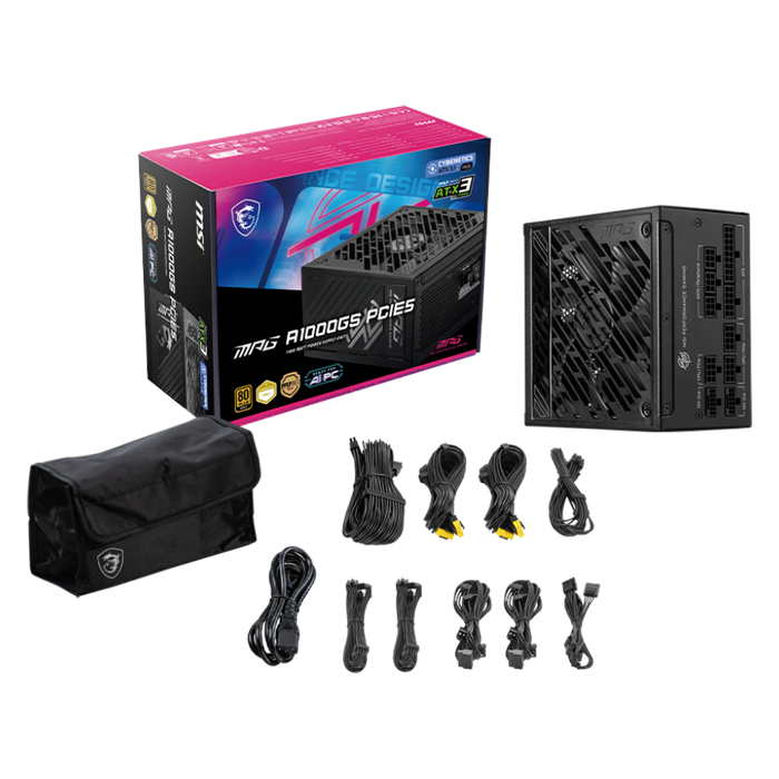 Fuente de poder MSI MAG - 1000W, 24 Pines ATX, 6x Conector 6+2 PCI-E 5.0 y 12x SATA, Abanico 135mm, 80 Plus Gold. MPG A1000GS PCIE5