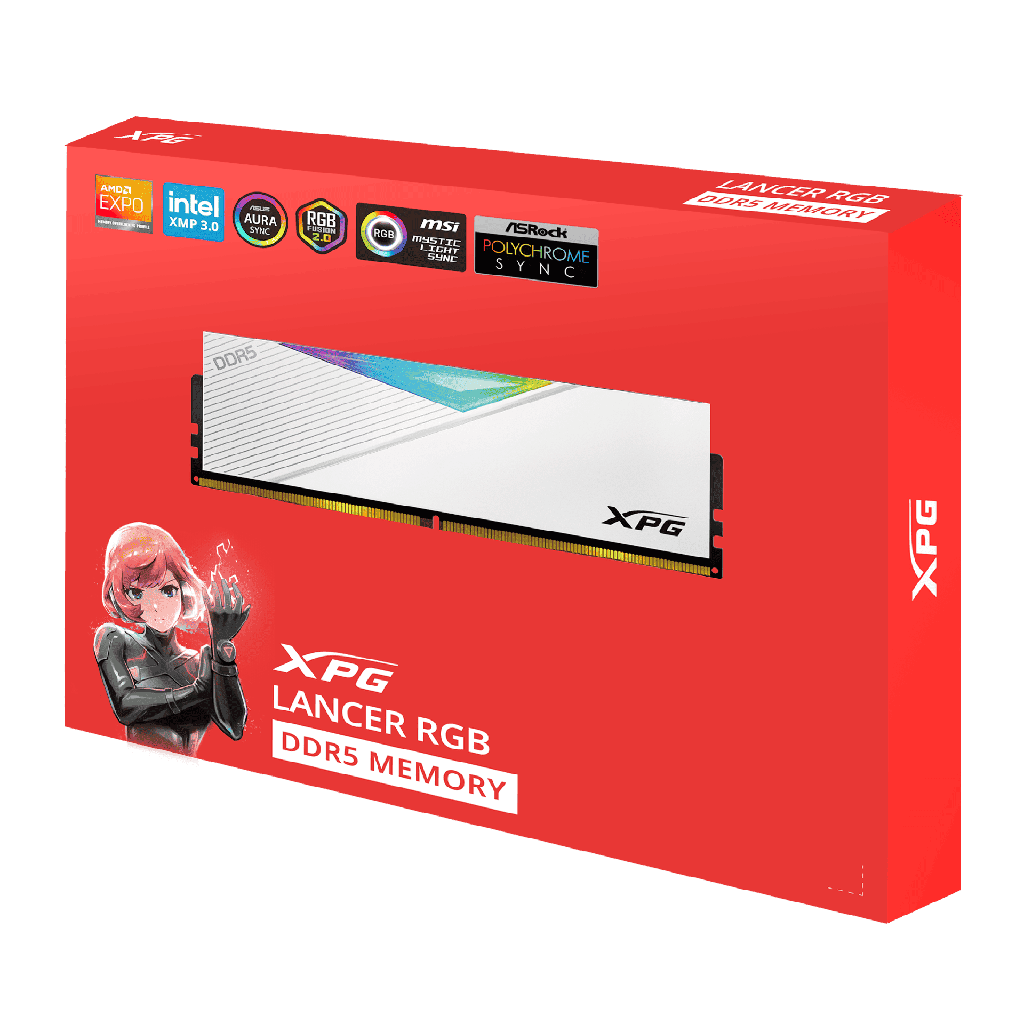 Memoria Ram DIMM ADATA XPG Lancer RGB - Capacidad de 16GB DDR5 U-DIMM, 6800MHz, ECC, CL34, 1.4V, color blanco. AX5U6800C3416G-CLARWH