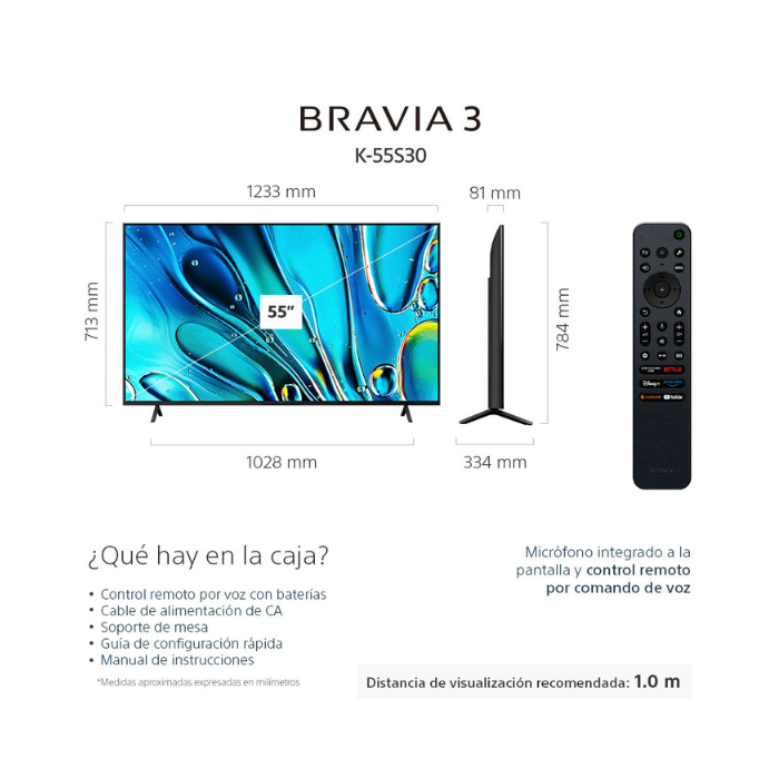 BRAVIA 3 | 4K HDR Processor X1™ | 4K Ultra HD | Alto rango dinámico (HDR) | Smart TV (Google TV) color negro. K-55S30