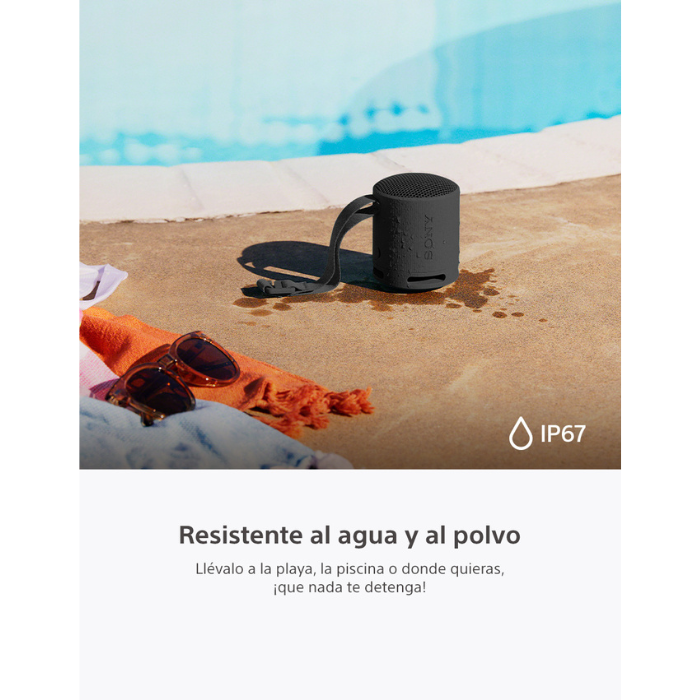 Bocina Sony, parlante inalámbrico portátil, resistente al agua y polvo IP67, Diseño compacto, sonido claro con buen rendimiento de bajos, negro. XB100/B