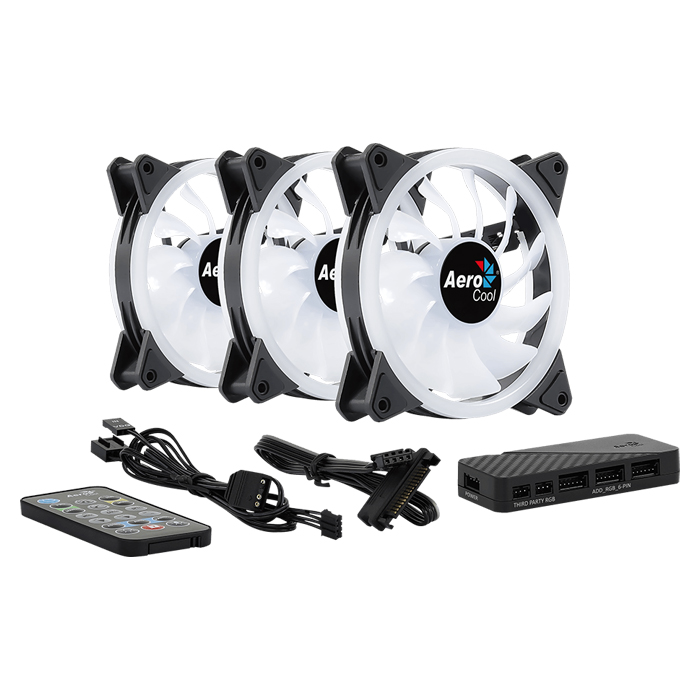 Abanico Aerocool Duo 12 Pro - 3x Ventiladores ARGB 120mm, 1 Concentrador de Control H66f, Control Remoto, Color Negro. Acf3-Du10227.11