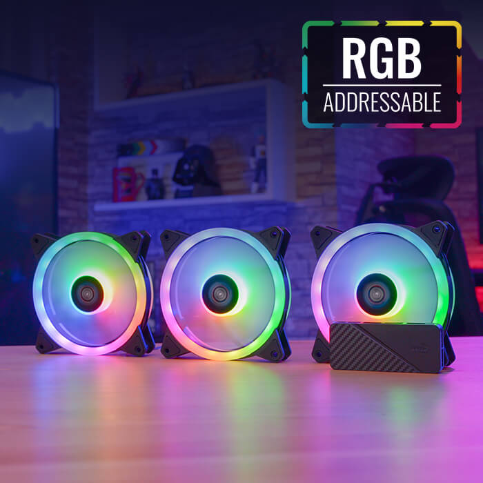 Abanico Aerocool Duo 12 Pro - 3x Ventiladores ARGB 120mm, 1 Concentrador de Control H66f, Control Remoto, Color Negro. Acf3-Du10227.11