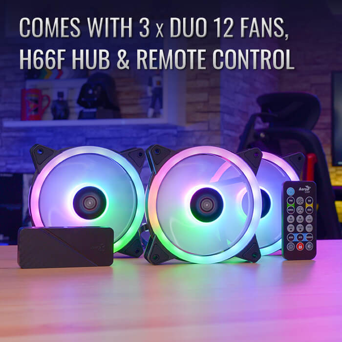 Abanico Aerocool Duo 12 Pro - 3x Ventiladores ARGB 120mm, 1 Concentrador de Control H66f, Control Remoto, Color Negro. Acf3-Du10227.11