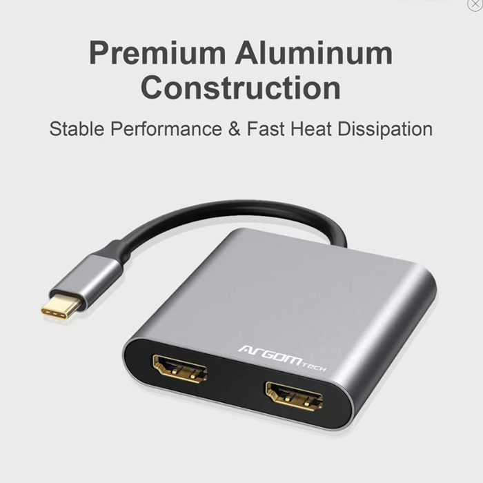 Adaptador Argom - Tipo-C a dos puertos de salida HDMI 4K, un puerto USB3.0 y una ranura de entrada PD Tipo-C