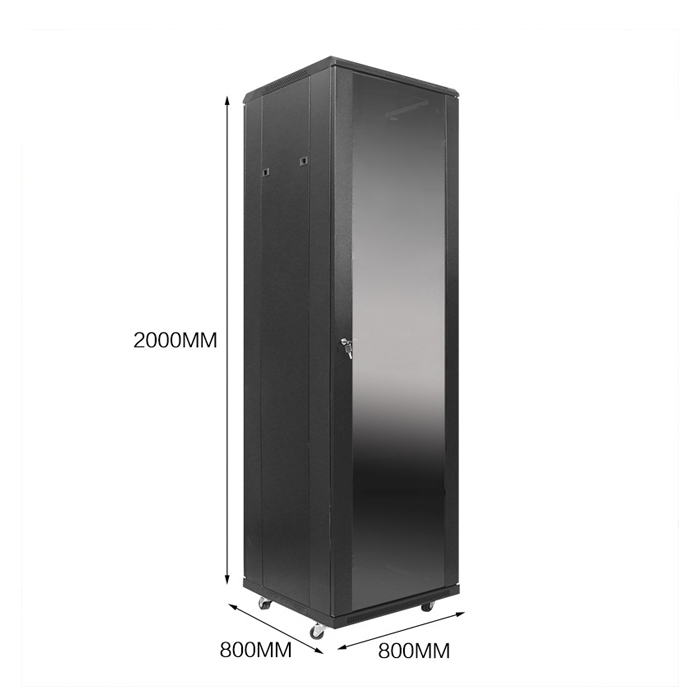 Gabinete de Torre VCOM D1242 Rack 42U -Puerta de vidrio, paneles laterales, abanico incluido, ancho 800 x profundidad 800 x altura 2000.
