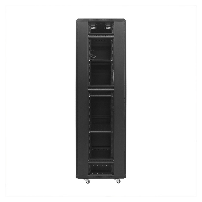 Gabinete de Torre VCOM D1242 Rack 42U -Puerta de vidrio, paneles laterales, abanico incluido, ancho 800 x profundidad 800 x altura 2000.