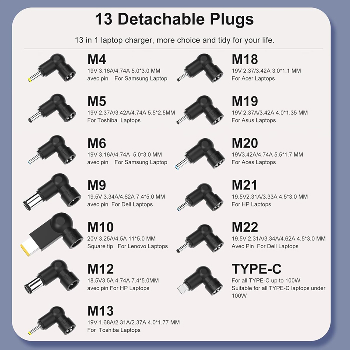Adaptador de poder para portátil O.E.M. - 100 Watts, Multiples Portátiles, 13 puntas, 100-240VAC. TH100W-2