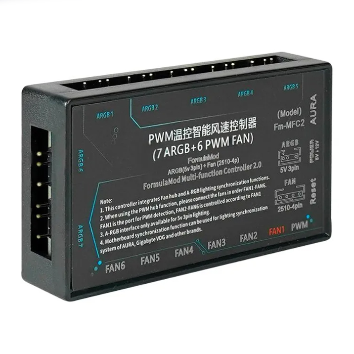 Controlador de Ventiladores y LED O.E.M ARGB - Para PC, 7x ARGB 5v 3 Pins,, 6x PWM Fans (2510) 4 Pins. Fm-MFC2