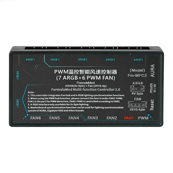 Controlador de Ventiladores y LED O.E.M ARGB - Para PC, 7x ARGB 5v 3 Pins,, 6x PWM Fans (2510) 4 Pins. Fm-MFC2