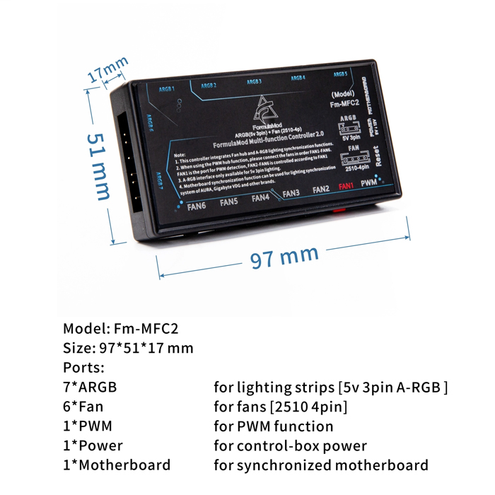 Controlador de Ventiladores y LED O.E.M ARGB - Para PC, 7x ARGB 5v 3 Pins,, 6x PWM Fans (2510) 4 Pins. Fm-MFC2