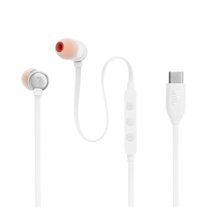 Audifono JBL Tune 310C - Auriculares intra auditivos con cable de alta resolución, cable plano sin enredos, Tipo C, Blanco. JBLT310CWHTAM