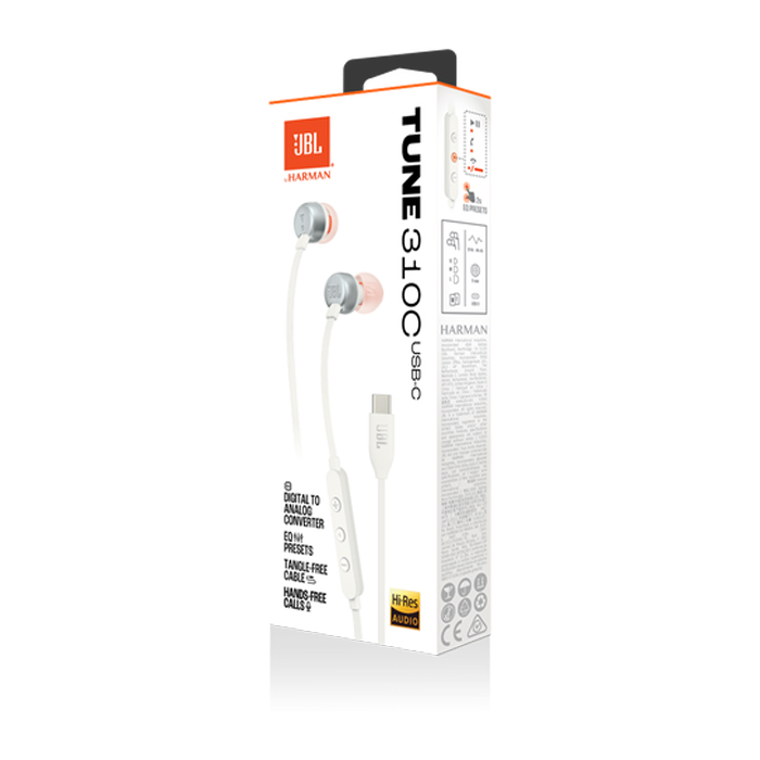 Audifono JBL Tune 310C - Auriculares intra auditivos con cable de alta resolución, cable plano sin enredos, Tipo C, Blanco. JBLT310CWHTAM