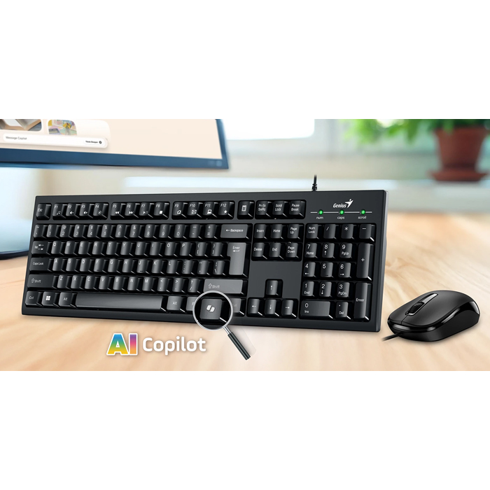 Teclado Genius KM-100SE - Combo de teclado y ratón óptico alámbrico, 3 botones, 1200dpi, Teclado alámbrico, Tecla AI Copilot para activar el asistente Copilot(Windows 11) español, color negro. 31330009401