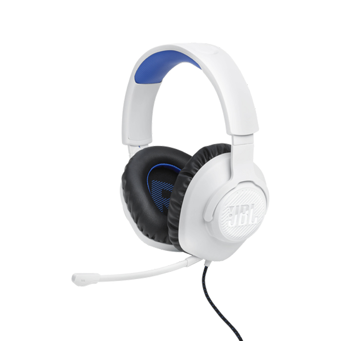 Audifono JBL Quantum 100 Gaming con cable y micrófono desmontable, Tipo 3.5mm, Compatible con Playstation, Xbox, Nintendo Switch, Color Blanco con Azul. JBLQ100PWHTBLUAM