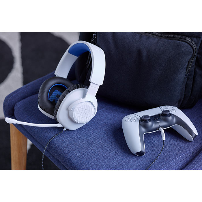 Audifono JBL Quantum 100 Gaming con cable y micrófono desmontable, Tipo 3.5mm, Compatible con Playstation, Xbox, Nintendo Switch, Color Blanco con Azul. JBLQ100PWHTBLUAM