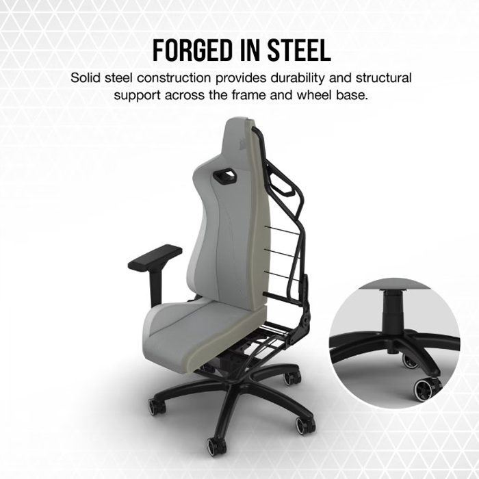 Silla Gamer Corsair TC-200, CF-9010045-W - Ajustable, material de cuerina, estructura de acero, apoyabrazos, color Gris / Blanco.
