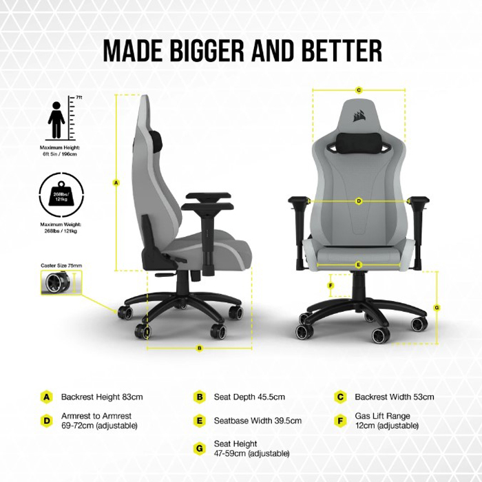 Silla Gamer Corsair TC-200, CF-9010045-W - Ajustable, material de cuerina, estructura de acero, apoyabrazos, color Gris / Blanco.