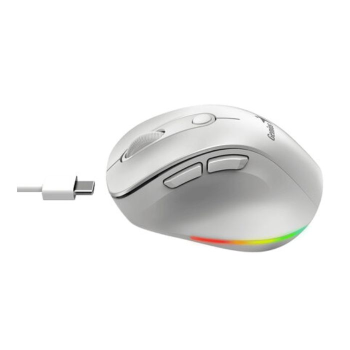 Mouse Genius Rs2 Ergo 9000s Pro - Inalambrico Con Receptor, RGB, Bluetooth 5.0 y 2.4GHz, DPI 800 a 2400, Blanco. 31030039400.