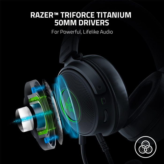 Auricular Razer Gaming Kraken V3 - Audífono alámbrico gamer, Xbox/PC mediante conexión de 3.5 mm, Audio espacial THX, sonido envolvente 7.1, RGB, Color Negro. RZ04-03770200-R3U1