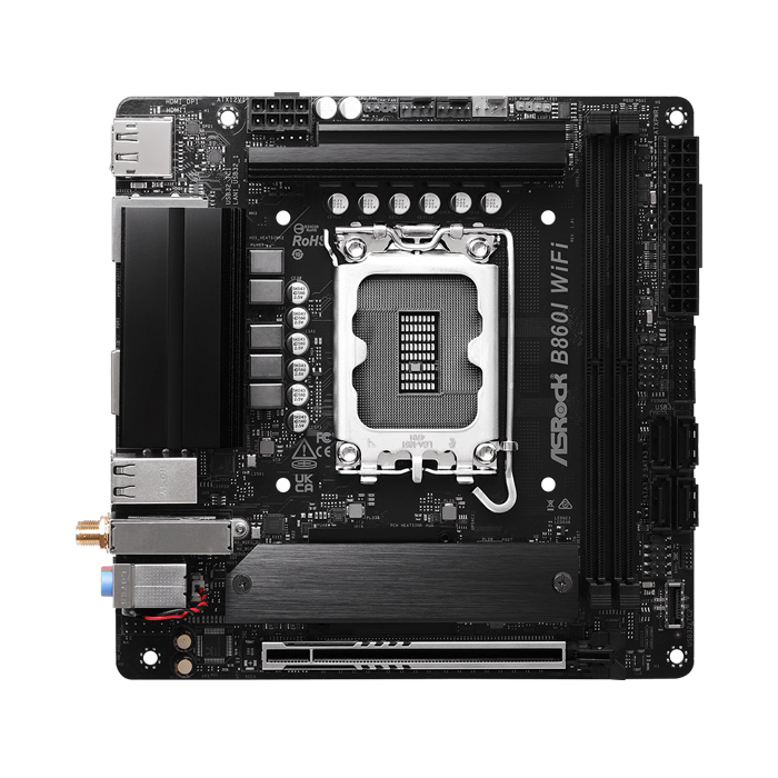 Tarjeta Madre Asrock Intel Ultra - LGA1851, Intel B860, Mini ATX, 2x DDR5 hasta 128GB, PCIe 5.0 x16, HDMI, DP 1.4, Tipo-C, USB 3.2. B860I WiFi