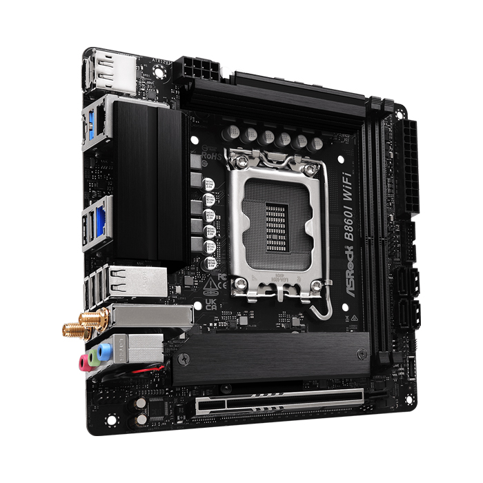 Tarjeta Madre Asrock Intel Ultra - LGA1851, Intel B860, Mini ATX, 2x DDR5 hasta 128GB, PCIe 5.0 x16, HDMI, DP 1.4, Tipo-C, USB 3.2. B860I WiFi