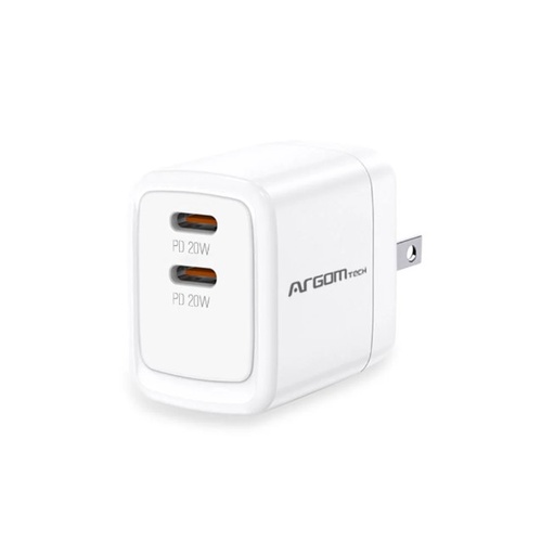[CYA-ARG-034] Cargador de pared Argom ARG-AC-0132WT - Conector, Tipo-C Doble, Carga rapida, 40W, Compatible con celulares, tablets, otros, Blanco