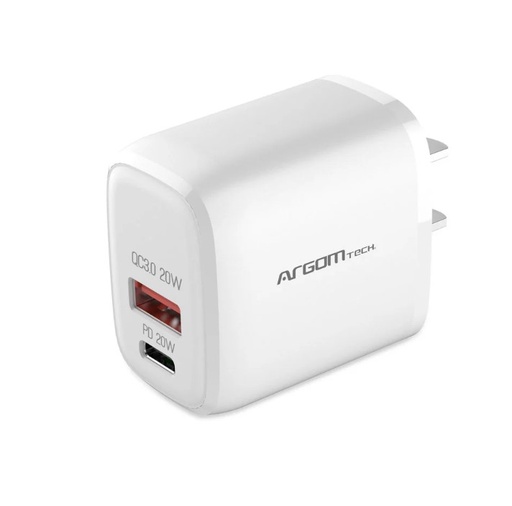 [CYA-ARG-033] Cargador de pared Argom ARG-AC-0115WT - Conector , Tipo-C + USB, Carga rapida, 40W, Compatible con celulares, tablets, otros, Blanco