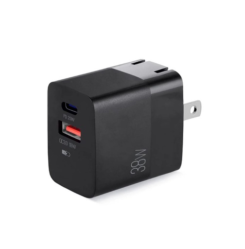 [CYA-ARG-037] Cargador de pared Argom Volta P4 ARG-AC-0122BK- Conector Plegable, Tipo-C + USB, Carga rápida, 38W, Compatible con celulares, tablets, otros, Negro	