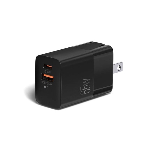 [CYA-ARG-038] Cargador de pared Argom Volta P7 ARG-AC-0125BK- Conector Plegable, Tipo-C + USB, Carga rapida, 65W, Compatible con celulares, tablets, otros, Negro