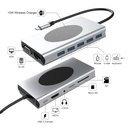 Hub VCOM USB Tipo C 13 en 1 - 13 Puertos: USB 3.1 Tipo C macho a 5 X USB 3.0 hembra, carga inalambrica 10W, 1 X HDMI, 1 x VGA, 1 X RJ45, 1 X USB Tipo-C hembra, jack 3.5mm, ranura para micro SD + SD, color gris. CU467