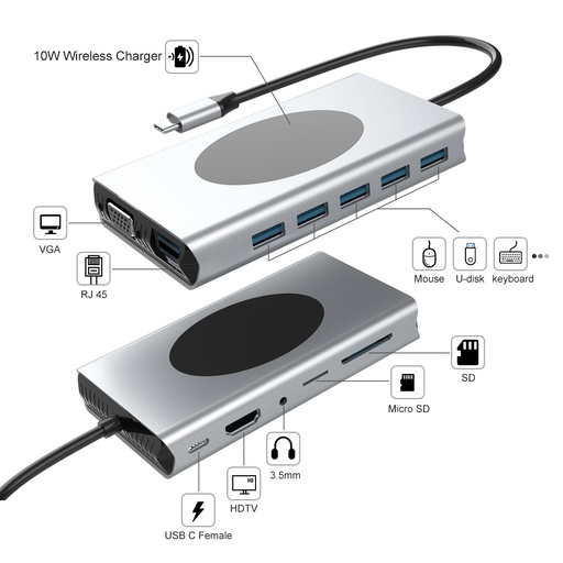 [HUB-VCO-004] Hub VCOM USB Tipo C 13 en 1 - 13 Puertos: USB 3.1 Tipo C macho a 5 X USB 3.0 hembra, carga inalambrica 10W, 1 X HDMI, 1 x VGA, 1 X RJ45, 1 X USB Tipo-C hembra, jack 3.5mm, ranura para micro SD + SD, color gris. CU467