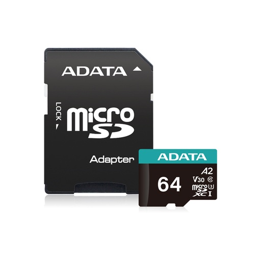 [TDM-ADA-009] Tarjeta de Memoria Micro SD A-DATA microSDXC/SDHC Premier Pro - Capacidad 64G, UHS-I U3, clase 10( A2, V30) hasta 100MB/s Lectura, 80MB/s escritura, adaptador SD. AUSDX64GUI3V30SA2-RA1