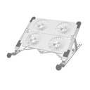 Soporte o Base portátil para Laptop de 9 a 15.6", con ventilador, ajustable, de aluminio y plástico, plegable, desmontable, color plateado/blanco. SP005P