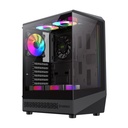 Caja GameMax - Para ATX, Micro ATX, Mini-ITX, conectores 1x Tipo C, 1x USB 3.0, 1x USB 2.0, vidrio templado, 5x Ventilador ARGB, Color negro. VISTA COC BK